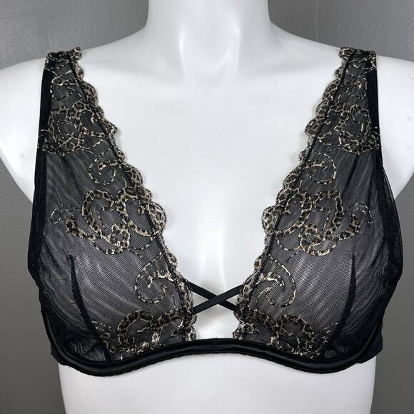 Cacique Plunge Bra Size 40C Black Sheer Mesh U Underwire Animal Print Sexy - Picture 1 of 10